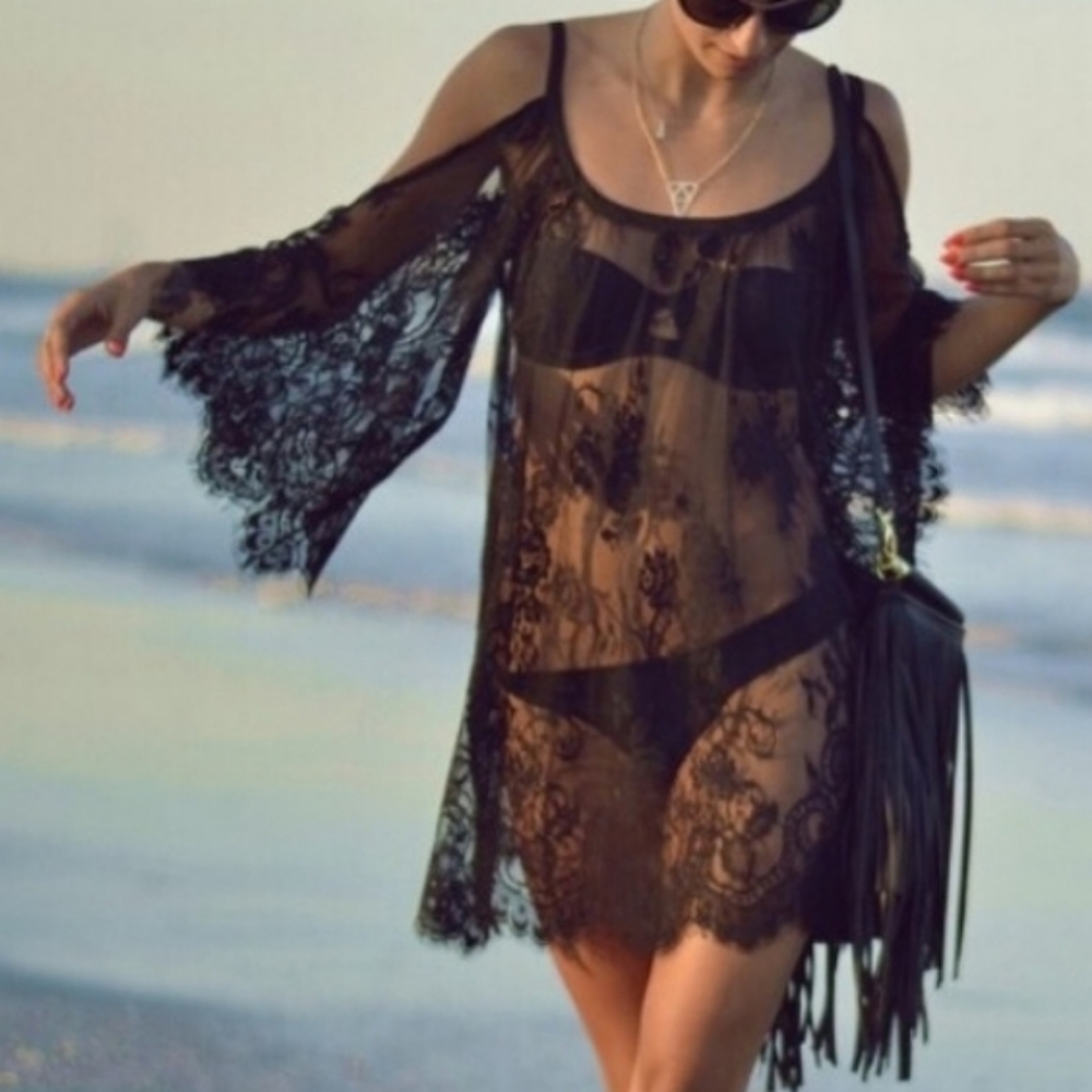 Lace Feminine Black Cold Shoulder Beach Swim Cover Up Dress